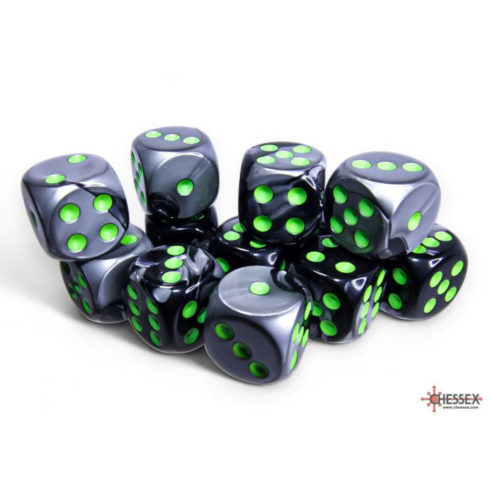 CHX 26645 Gemini Black-Grey/green 16mm d6 Dice Block (12 dice)